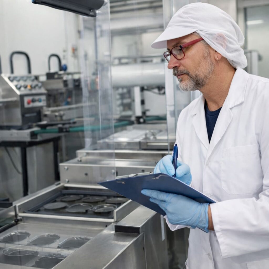 Food safety technician inspecting production under an APPCC system 