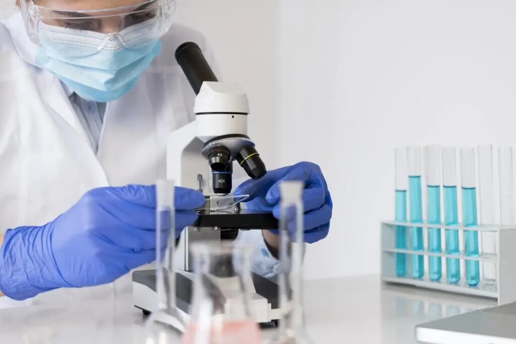 Scientist examining a sample under a microscope during in vitro studies.