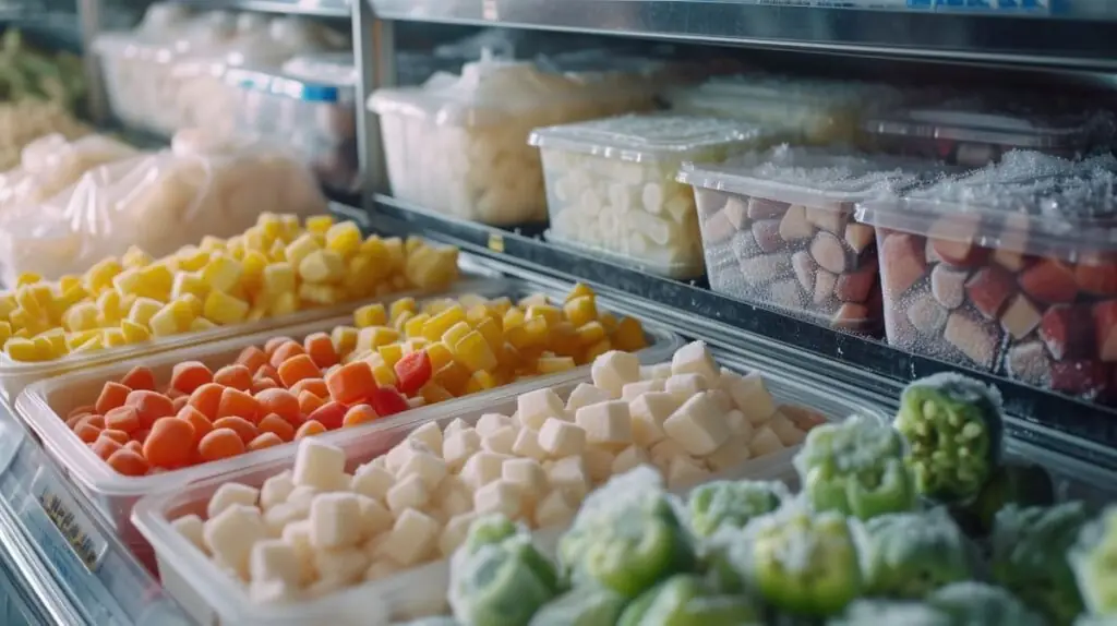 Commercial freezer display with frosted containers of diced vegetables and prepared ingredients.
