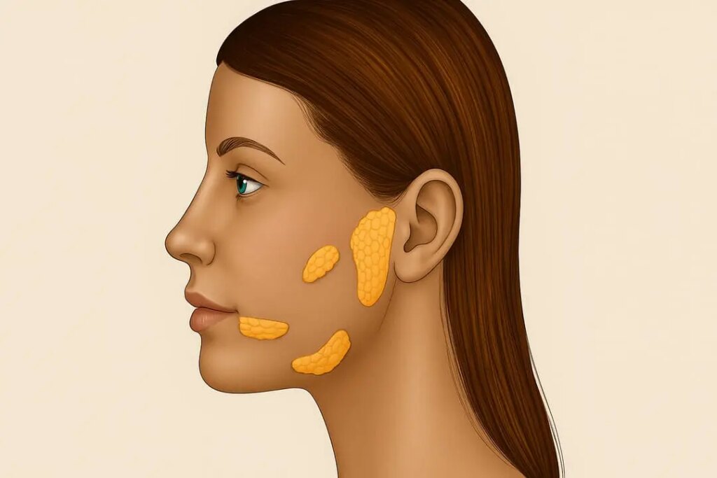 Illustration of salivary glands in a female face, highlighting their function in the digestive system.